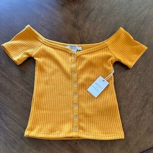 Forever 21 Golden Mustard Ribbed Off-Shoulder Button-Up Crop Top